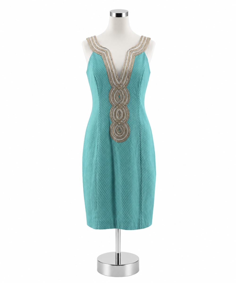 Lilly Pulitzer Kenzie Dress Size 6 Resort Aqua Gold Beaded V-Neck Mini